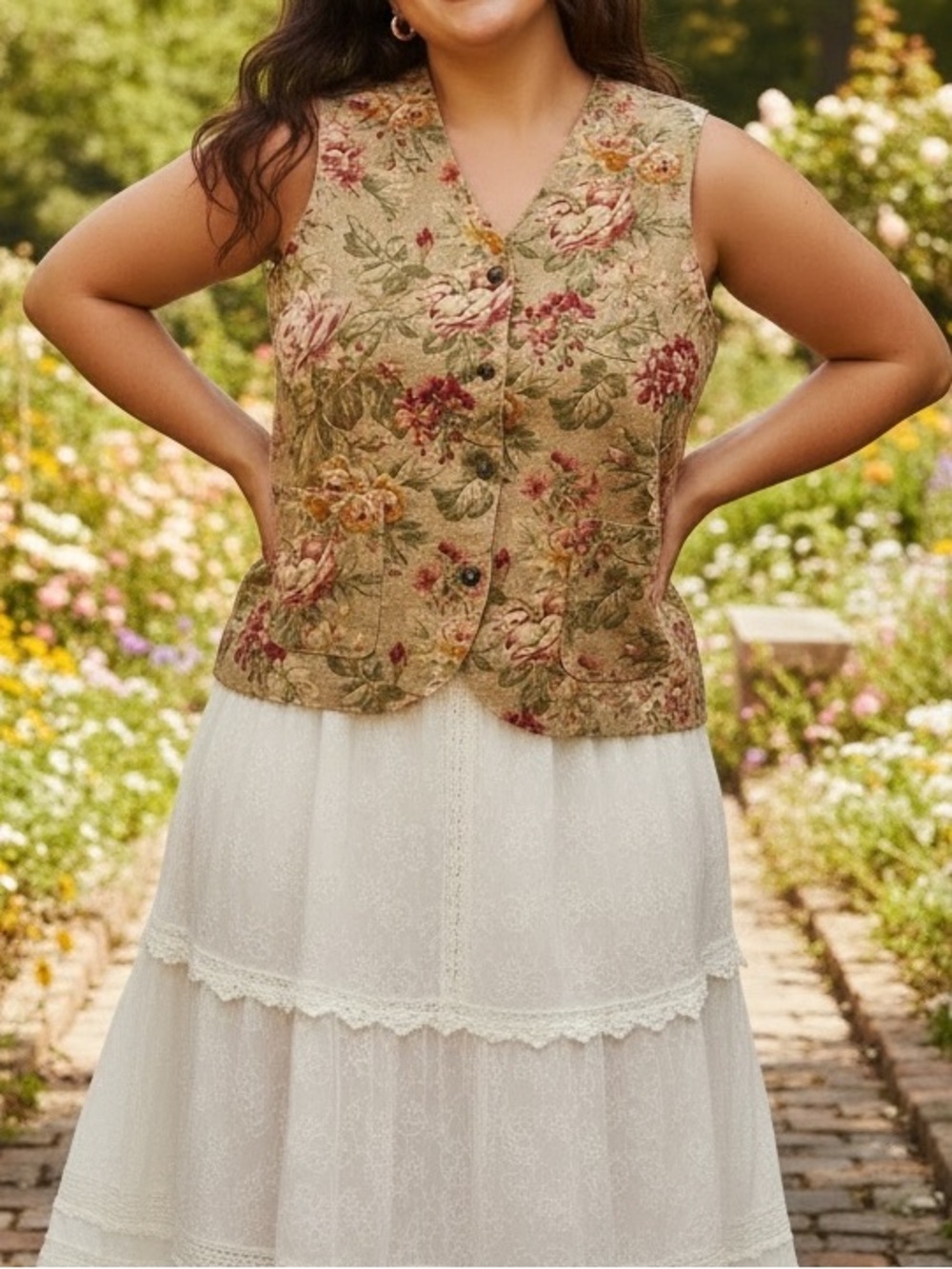 Vintage Orvis Linen Cotton Blend Floral Quilted V-Neck Vest - Beige, Rose, Green
